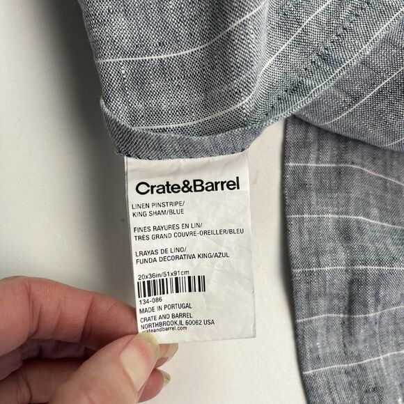 Crate & Barrel set of 2 King Pinstripe Pillow Shams Linen Gray Coastal Portugal - Picture 5 of 8